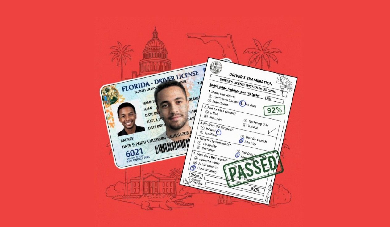 IMAGEN DE UNA LICENCIA DE CONDUCIR DE FLORIDA, CON UNA HOJA DEL EXAMEN PARA OBTENER LA LICENCIA. COMBINAR REALIDAD CON ILUSTTRACION. FONDO ROJO. FORMATO 16:9