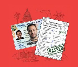 IMAGEN DE UNA LICENCIA DE CONDUCIR DE FLORIDA, CON UNA HOJA DEL EXAMEN PARA OBTENER LA LICENCIA. COMBINAR REALIDAD CON ILUSTTRACION. FONDO ROJO. FORMATO 16:9