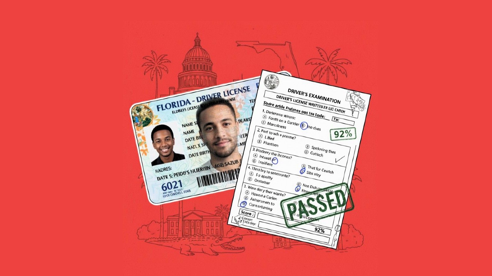 IMAGEN DE UNA LICENCIA DE CONDUCIR DE FLORIDA, CON UNA HOJA DEL EXAMEN PARA OBTENER LA LICENCIA. COMBINAR REALIDAD CON ILUSTTRACION. FONDO ROJO. FORMATO 16:9