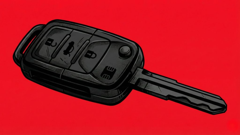 Crear imagen ilustracion llave de carro transponder en negro. Fondo rojo intenso