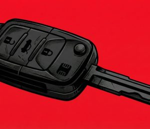 Crear imagen ilustracion llave de carro transponder en negro. Fondo rojo intenso