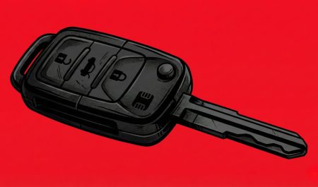 Crear imagen ilustracion llave de carro transponder en negro. Fondo rojo intenso